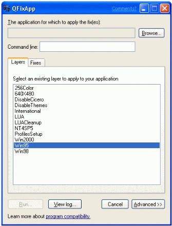 Figure 2: The Layers tab of QFixApp is used to apply compatibility modes to an application