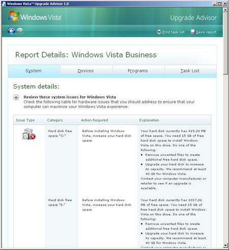 Отчёт программы Windows Vista Upgrade Advisor