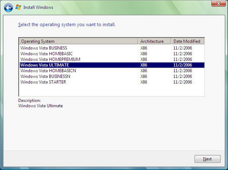 Выбор версии Windows Vista для установки