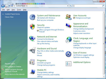Панель управления в Windows Vista