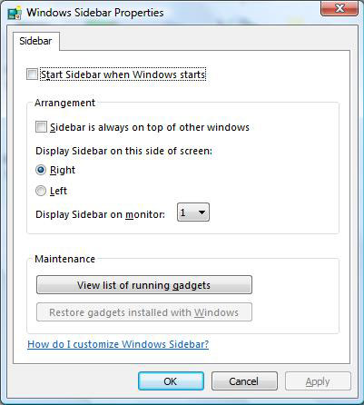 Настройки Windows Sidebar