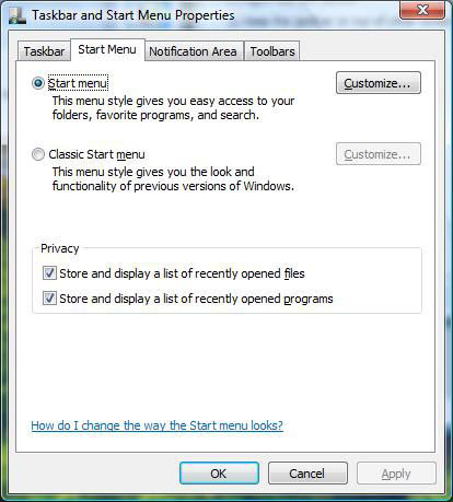 Настройки меню Start в Windows Vista