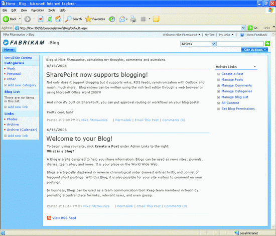 Рис. 2. MOSS 2007: поддержка блогов и вики-страниц
