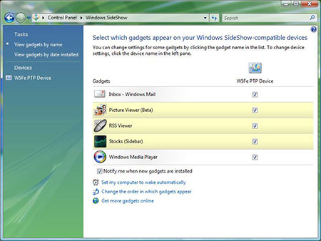 Windows Vista SideShow: основные настройки