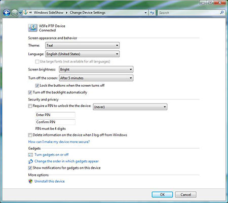 Windows Vista SideShow: настройки устройства