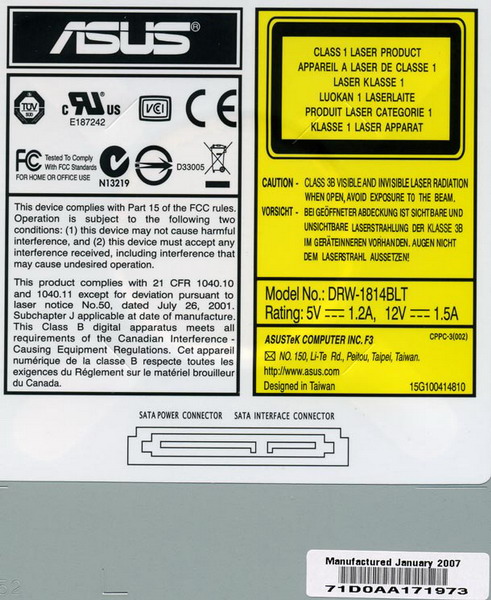Наклейка на верхней крышке привода ASUS DRW-1814BLT.