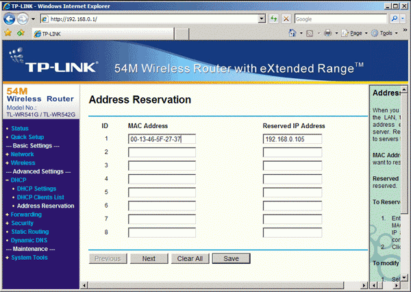 TP-Link TL-WR542G:  DHCP