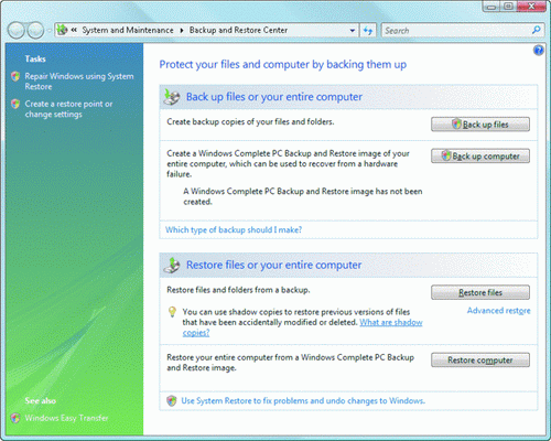 Рис. 1 Центр резервного копирования и восстановления в Windows Vista