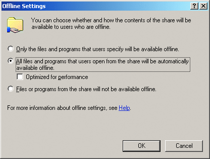 Рис. 2 Диалоговое окно «Настройка автономного режима» в Windows Server 2003