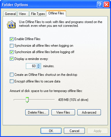 Рис. 7 Изменение настройки размера дискового пространства, выделяемого для автономных файлов в Windows XP