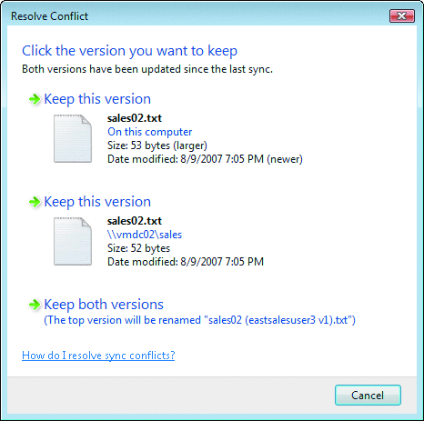 Рис. 9 Уведомление о конфликте измененных файлов в Windows Vista