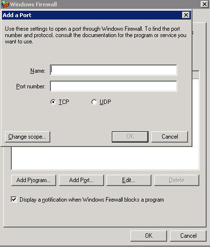 Рисунок 5: Окно с исключениями для брандмауэра Windows 2003 Server Firewall
