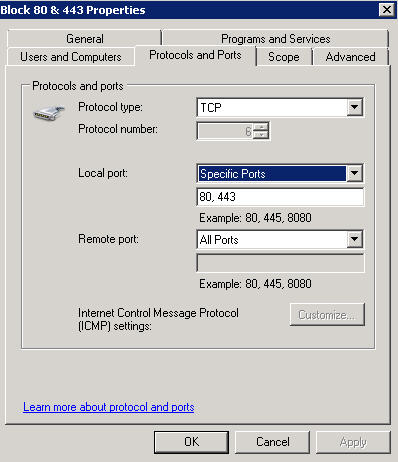 Рисунок 6: Окно с исключениями для Windows 2008 Server Advanced Firewall