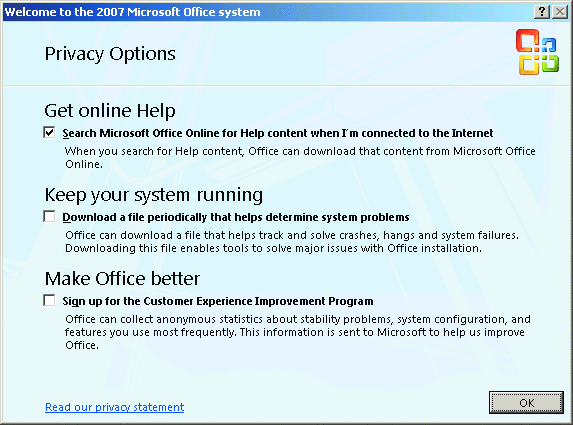 Рис. 2 Диалог параметров конфиденциальности в системе 2007 Office